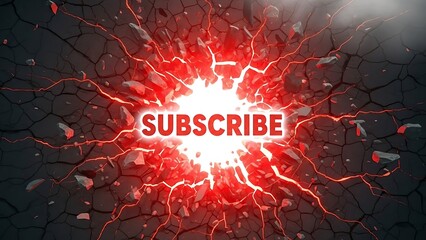 Dramatic red explosion with glowing cracks and shattered earth featuring bold subscribe button for youtube banner design