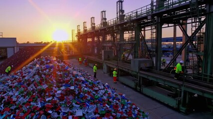 Innovative solutions for plastic recycling. This video captures a recycling facility at sunrise, showcasing the operations involved in processing plastic waste and emphasizing the importance of sustai