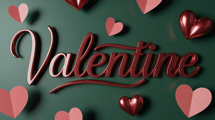 Red and pink heart shapes floating around Valentine typography on green background hearts