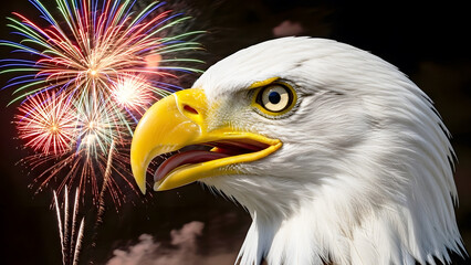 Fototapeta premium Bald eagle close-up against colorful fireworks background 