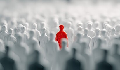 Crowd of people, most gray, one person in red stands out and faces away