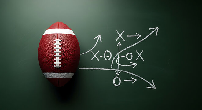 American football game plan with strategic chalk diagram on a dark green background, illustrating tactical plays