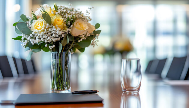Conference room table set with yellow and white roses. Glasses and pens on polished wood surface. Elegant floral arrangements