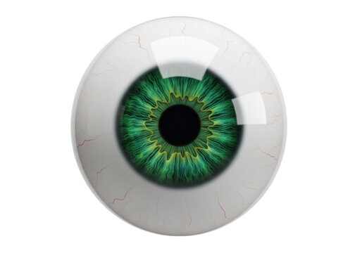 macro close-up 3d rendering of a single anatomically accurate human eyeball; vibrant emerald green iris with complex concentric rings and pristine white sclera on a diffused background. Concept of