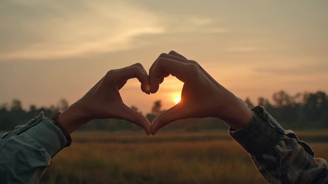 Two hands of a young couple forming a heart shape with their fingers, outdoors at sunset on a mountain background. 