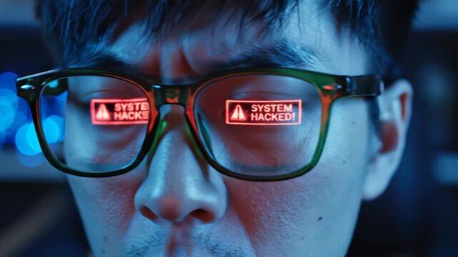 Man wearing glasses with system hacked warning