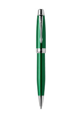 Fototapeta premium Luxurious emerald green lacquer rollerball pen with polished platinum plating, high-angle macro studio shot on seamless white background with soft shadow, concept of luxury stationery and precision