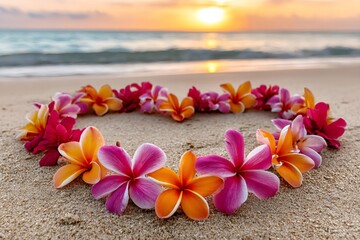 Plumeria flowers forming heart shape on beach sand at sunset