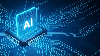 Futuristic artificial intelligence chip with glowing AI letters on digital circuit board background