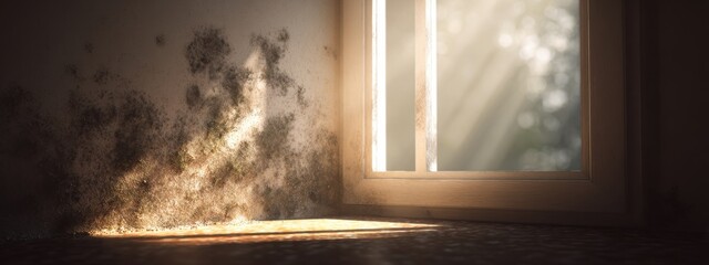 Light shines through a window onto a dusty floor in a room with dirty walls during daytime