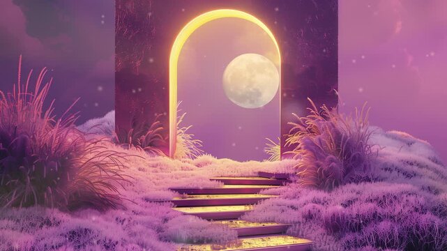 Portal to moonlight video LoFi animation, ai generated. Moon hangs in surreal purple sky within glowing arch. Animated Lo-Fi aesthetic footage 4K clip motion graphics with floating dust particles