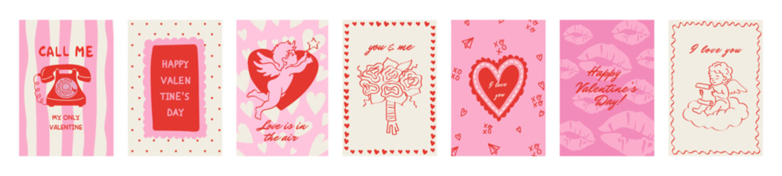 Valentine&rsquo;s Day poster set with hand drawn doodle greeting card designs in romantic pink style. Cute  love banners and invitations with lips,cupids, kiss and heart shapes for holiday prints and party 