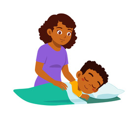 African American mother gently tucking her peacefully sleeping child into bed with a caring expression