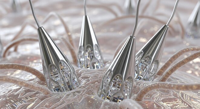 Microscopic Nanobots. Scientific 3D render of metallic nanobots or microscopic probes interacting with organic cells or tissue - Powered by Adobe