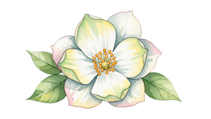 White flower with green leaves petals and green leaf in the center.