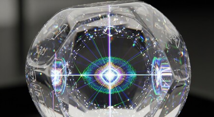A futuristic, transparent crystal sphere containing a glowing digital eye or core with neon holographic rings and light flares
