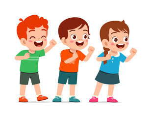 Three cheerful diverse cartoon children two boys and one girl smiling brightly and raising fists expressing joy and excitement