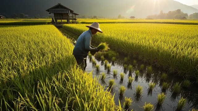 Farmer Planting Rice Seedlings in Lush Green Paddy Field.