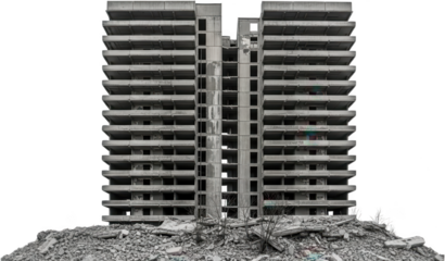 Gray weathered multi story concrete building structure in a state of disrepair with rubble and debris at its base abandoned building concrete structure derelict building ruin transparent background