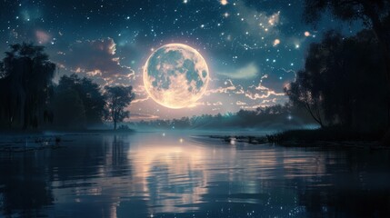 Enormous Full Moon Illuminates Tranquil River Scene At Night