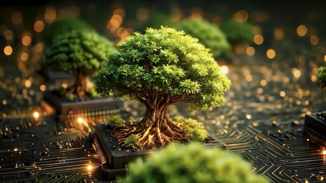 Sustainable green technology concept with small trees growing from computer microchip on electronic motherboard for environmental conservation and eco friendly digital innovation