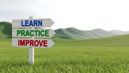 Wooden sign in a grassy field displays motivational text with words learn practice and improve in bold colors