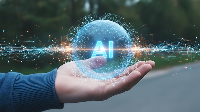 Human hand holding glowing artificial intelligence network sphere with futuristic digital connections - Powered by Adobe
