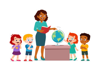 African American teacher explaining geography to happy diverse students with a globe in a classroom setting
