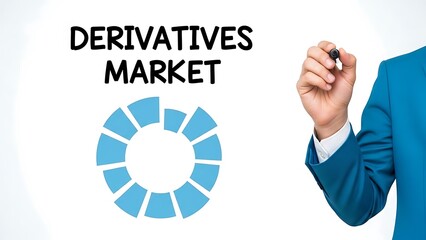 Businessman in bright blue suit holding marker writing derivatives market concept with circular financial chart diagram illustration