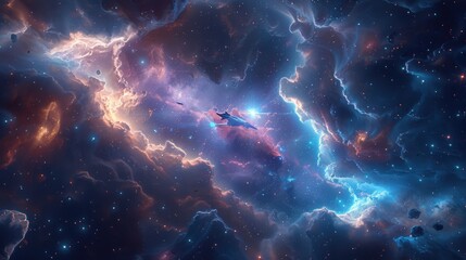 Futuristic Spacecrafts Soaring Through Vibrant Cosmic Nebula Illuminated