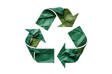 Crumpled Green Paper Recycle Sign Cut-out on white background