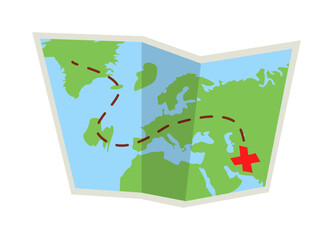 Illustration of a folded paper map showing a travel route with a red cross destination mark