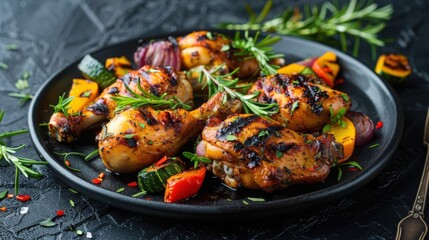 Grilled Chicken Drumsticks Served On Black Plate With Colorful