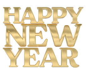 Luxurious 3D Gold Text "Happy New Year" Isolated on White for Festive Holiday Greetings and Celebration Design Elements