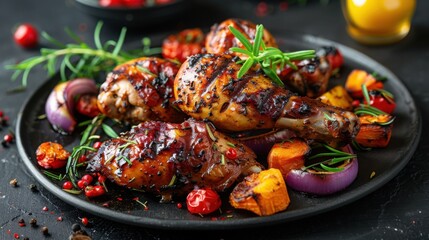 Grilled Chicken Drumsticks Served On Black Plate With Colorful