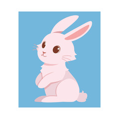 Cute Pink Rabbit Standing Upright with Innocent Expression on a Blue Background Simple Illustration