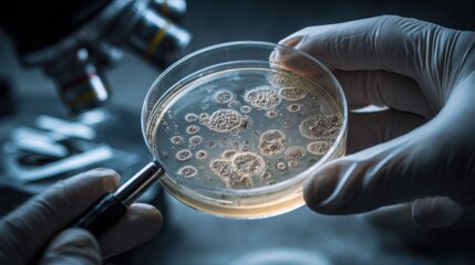 Scientist examines petri dish with growth under microscope in laboratory during research session