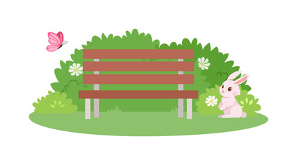 Curious rabbit sits by a park bench with a pink butterfly above green bushes and white flowers