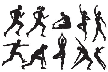 Obraz premium Silhouettes of people exercising and practicing yoga in various dynamic poses isolated on transparent background