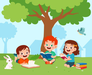 Happy diverse children reading books under a tree enjoying a peaceful park scene with a cute rabbit and bird