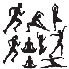 Obraz premium Silhouettes of people exercising and practicing yoga in various poses and movements