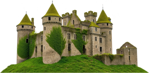 Ancient stone castle with moss covered conical roofs and green ivy climbing its weathered walls and turrets architecture medieval fortress historic ruins europe fantasy old transparent background