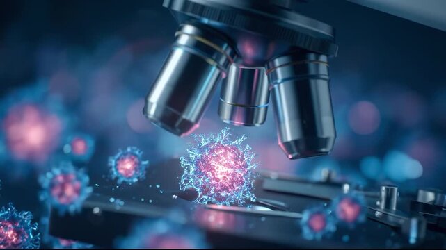 Microscope analyzing coronavirus covid-19 cells causing pandemic outbreak