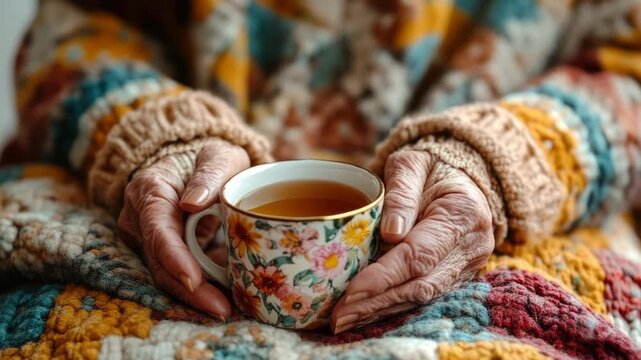 An elderly individual holds a beautifully designed cup of hot coffee, surrounded by a cozy atmosphere that illustrates the warmth of caregiver support and compassion on Caregiver's Day.