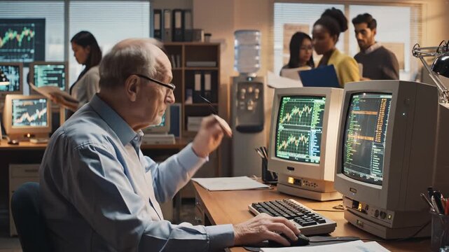 Older man working on computers in office