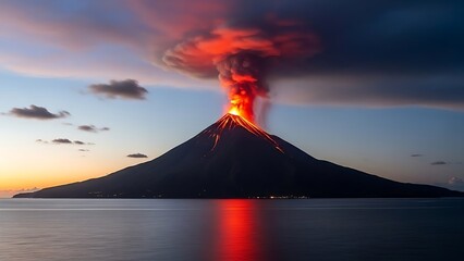 Volcano erupts at dusk spewing lava ash and smoke over a dark ocean with fiery reflections on water