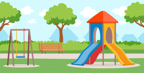 Colorful Empty Childrens Playground Park with Slides Swings Bench Trees and Houses on a Sunny Day