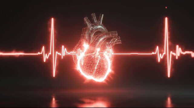 Polygonal heart beating with visible heartbeat line on dark background