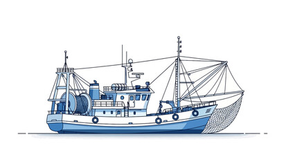 Fototapeta premium A large blue fishing boat with nets sails on calm waters viewed from the side