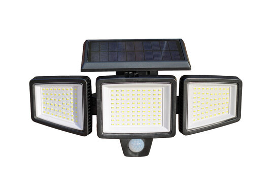Solar-Powered Three-Head LED Floodlight with Motion Sensor on White Background